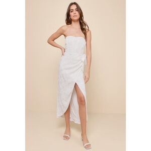 Lulus Adoring Praise Ivory Satin Jacquard Strapless Bustier Midi Dress White